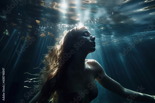 Beautiful young woman with mermaid tail swims and dives under sunny deep water, fantastic fish in water, generative AI.