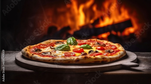 Traditional baked pizza on background of blurred brick oven fire. Generative AI