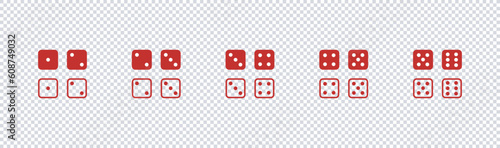 Game dice icon.Set of monochrome dice. Dice in a flat and linear design from one to six. rolling red dice set isolated on a transparent background. Vector illustration