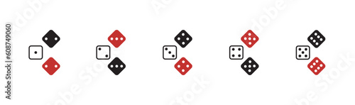 Game dice icon.Set of monochrome dice. Dice in a flat and linear design from one to six. rolling red and black dice set isolated on a white background. Vector illustration