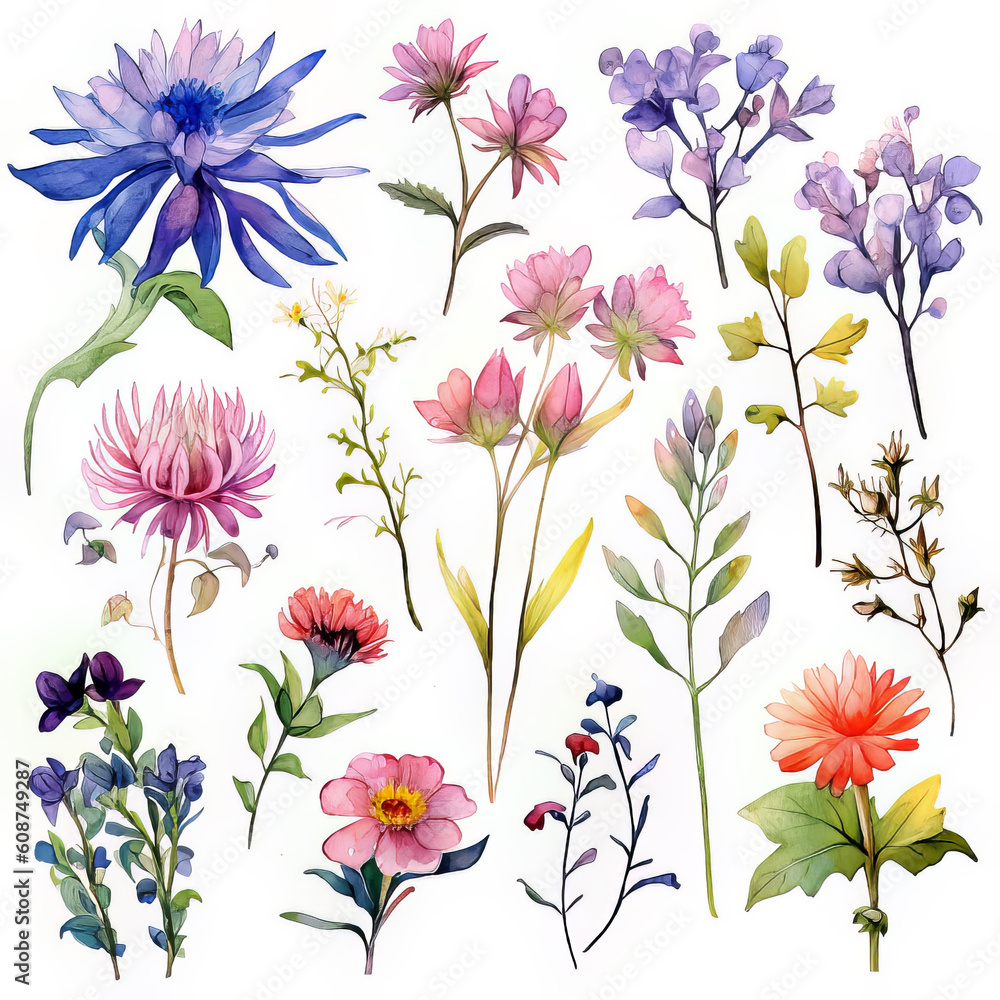 White Background Separeted Isolated Watercolour Flower Illustrations 