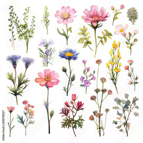 White Background Separeted Isolated Watercolour Flower Illustrations 