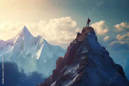 Goal to success for level up with person climbing on route slope to mountain peak. Human performance limit concepts. Growth mindset and motivation. Generative AI