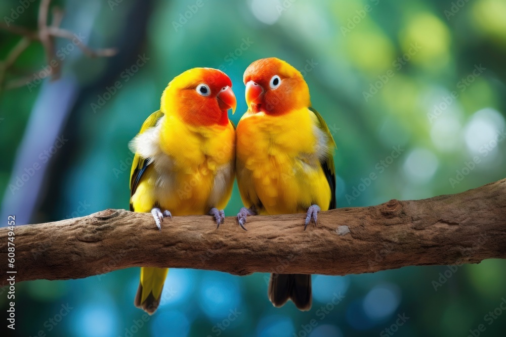 Obraz premium A pair of lovebirds are perched on a tree branch. Generative AI
