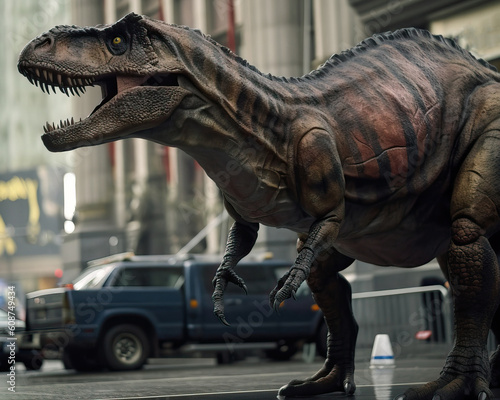 The raptor dinosaur walks the streets of the city and scares the inhabitants  a big and scary predator generative AI.