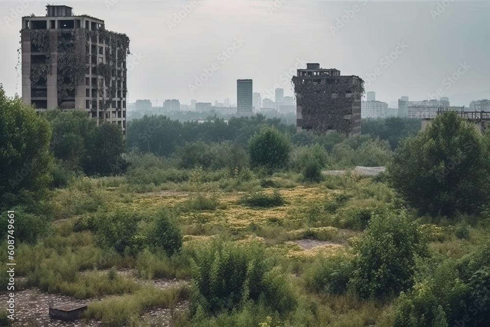 Ruins of the city after the apocalypse, abandoned cities without signs of humanity, generative AI. Ruins of the city after the apocalypse, abandoned cities without signs of humanity, generative AI.