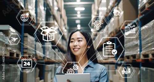 Empowering Asian Small Business: Young Entrepreneur's Smart Tablet Inventory Management in Interconnected Industry. Logistic management concept.