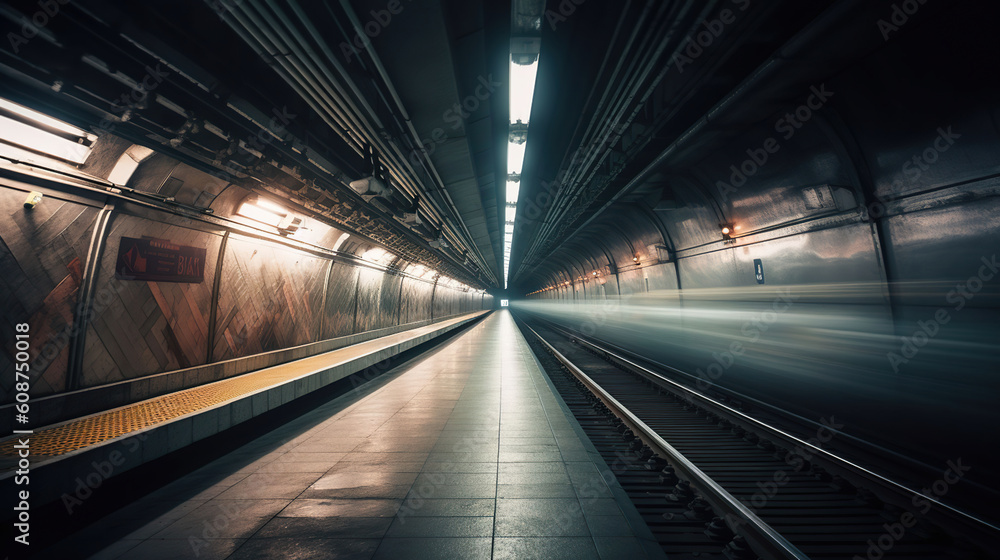 Subway tunnel with blurred light tracks with arriving train in the opposite direction, Generative AI