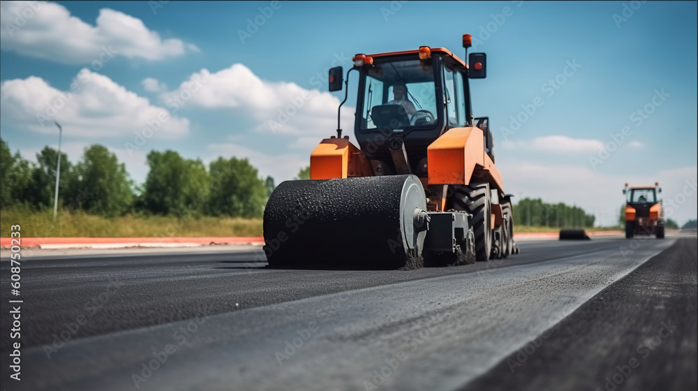 Roller rolling fresh hot asphalt on the new road. Road construction. Generative AI Roller rolling fresh hot asphalt on the new road. Road construction. Generative AI