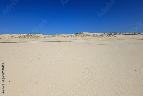 Blick   ber den Sandstrand auf eine D  ne der Insel Borkum