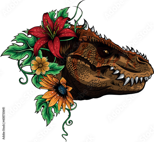 vector illustration of tirannosaurus rex head with leaves and flowers. photo