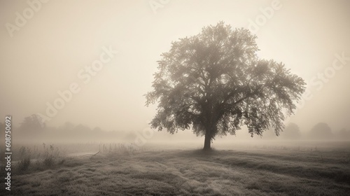  a lone tree in a field on a foggy day. generative ai