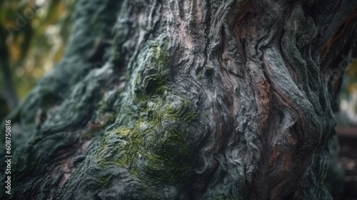  a close up of a tree trunk with moss growing on it.  generative ai