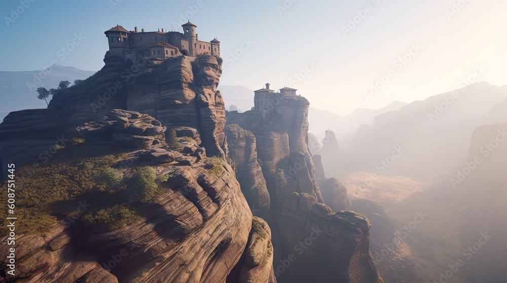  a computer generated image of a castle perched on a cliff.  generative ai