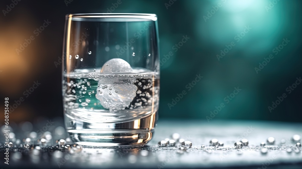 a glass of water with ice cubes on a table. generative ai a glass of water with ice cubes on a table. generative ai