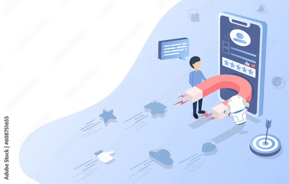 Digital Marketing ideas concept. Online content to attract customer and increase satisfaction. Isometric 3D vector design illustration with copy space. Digital Marketing ideas concept. Online content to attract customer and increase satisfaction. Isometric 3D vector design illustration with copy space.