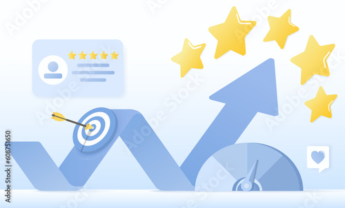 Business ideas. Symbol of growing up, goals, review, star rating, opinions, comment, loyalty, positive feedback. Flat vector design illustration.