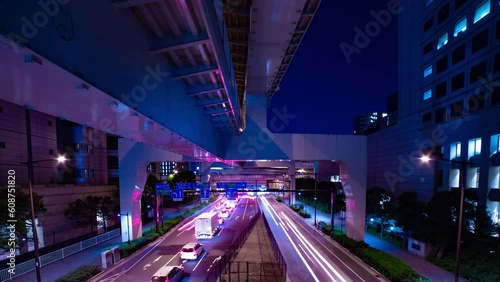 A night timelapse of the traffic jam at the city street in Tokyo wide shot panning photo