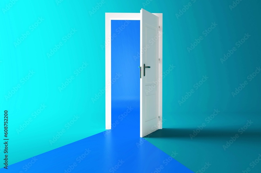 Open the door. Symbol of new career, opportunities, business ventures and initiative. Business concept. 3d render, blue light inside open door isolated on turquoise background. Modern minimal concept. Open the door. Symbol of new career, opportunities, business ventures and initiative. Business concept. 3d render, blue light inside open door isolated on turquoise background. Modern minimal concept.