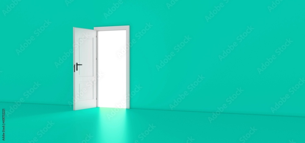 Open the door. Symbol of new career, opportunities, business ventures and initiative. Business concept. 3d render, Blue Room with the door open for a sky. Door to heaven. Open the door. Symbol of new career, opportunities, business ventures and initiative. Business concept. 3d render, Blue Room with the door open for a sky. Door to heaven.