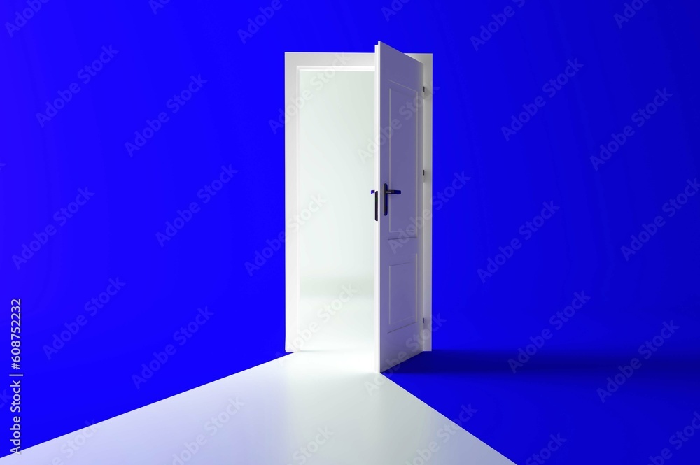 Open the door. Symbol of new career, opportunities, business ventures and initiative. Business concept. 3d render, white light inside open door isolated on blue background. Modern minimal concept. Open the door. Symbol of new career, opportunities, business ventures and initiative. Business concept. 3d render, white light inside open door isolated on blue background. Modern minimal concept.