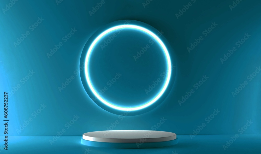 Blue realistic 3d cylinder stand podium with glowing white neon in circle shape. Abstract 3D Rendering geometric forms. Minimal scene. Stage showcase, Mockup product display. Blue realistic 3d cylinder stand podium with glowing white neon in circle shape. Abstract 3D Rendering geometric forms. Minimal scene. Stage showcase, Mockup product display.