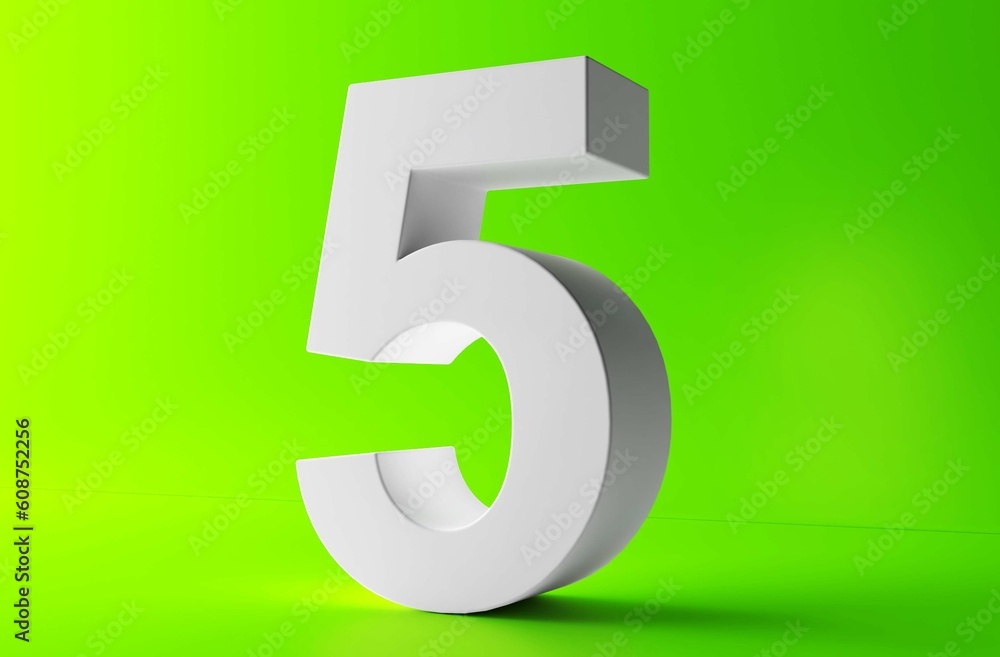 Number 5 in white on light green background, Five number isolated 3d rendering. Number 5 in white on light green background, Five number isolated 3d rendering.