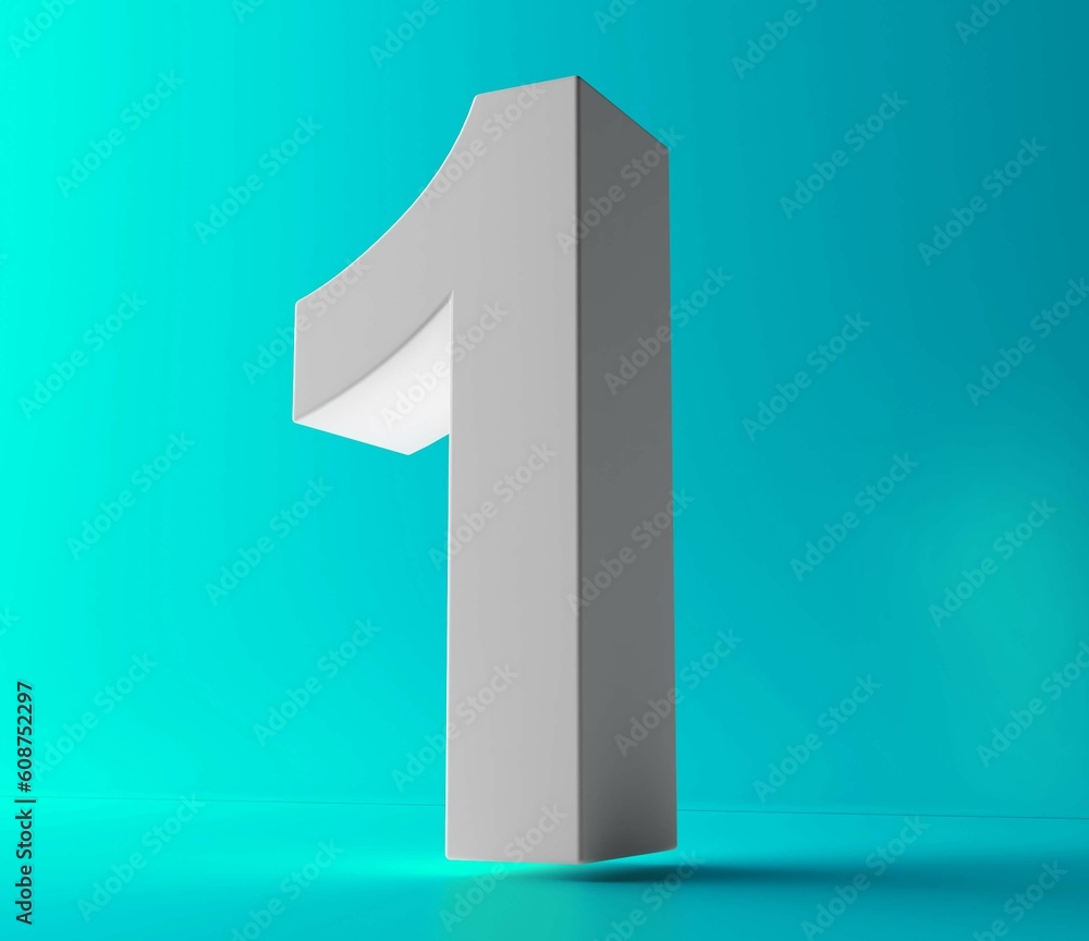 Number 1 in white on light blue background, One number isolated 3d rendering. Number 1 in white on light blue background, One number isolated 3d rendering.