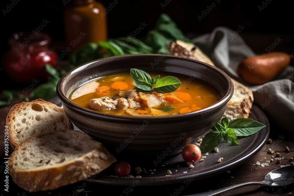 Meat soup with spicy herbs, AI Generated Meat soup with spicy herbs, AI Generated