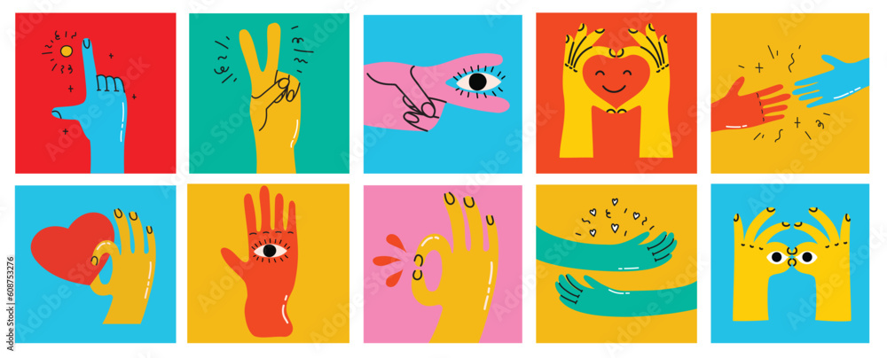 Fototapeta premium Cartoon hands abstract drawn comic. Set of Hand multicolored different signs and symbols. Drawing style Sticker decals. Vector illustration