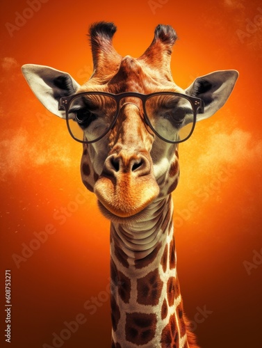 A real giraffe cool with black sunglasses. Generative AI © nadunprabodana