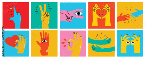 Cartoon hands abstract drawn comic. Set of Hand multicolored different signs and symbols. Drawing style Sticker decals. Vector illustration