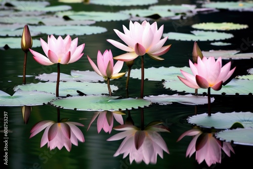 Serene lotus flowers floating on tranquil ponds - Generative AI