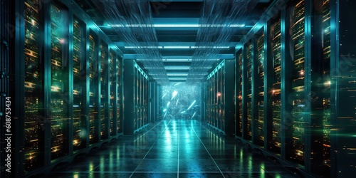 AI Generated. AI Generative. Photo illustration of data bitcoin storage pc server room. Graphic Art