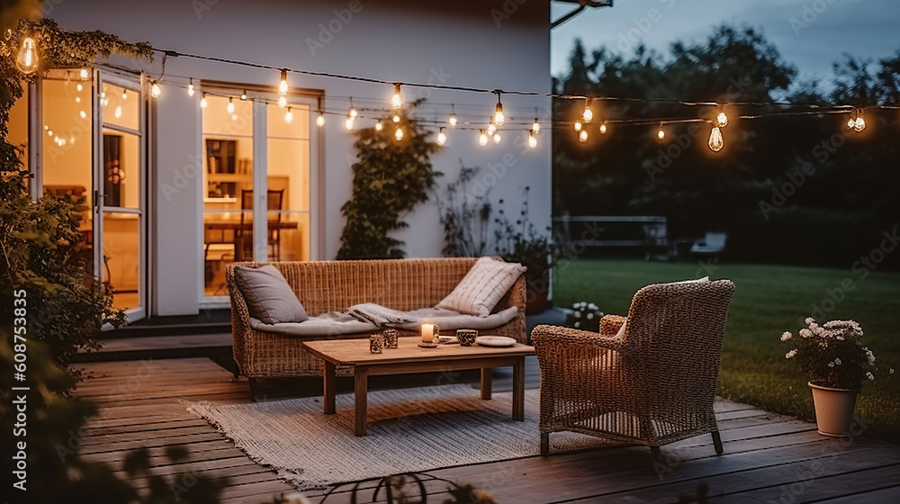 Obraz premium Twilight Tranquility, Summer Evenings on the Terrace of a Beautiful Suburban House, Adorned with Wicker Furniture and Delicate Lights. Generative AI
