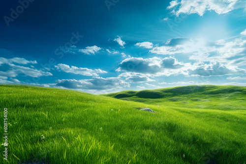 Green grass field on small hills and blue sky with clouds, Generative AI
