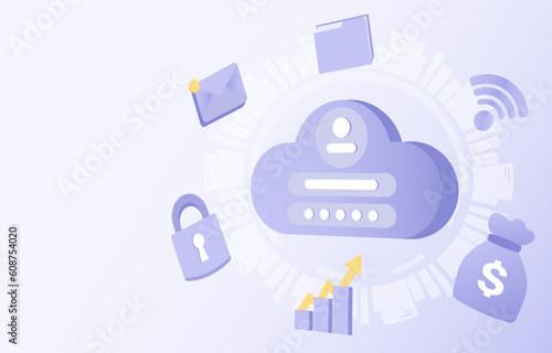 Cloud storage and protect personal detail concept. Online internet storage, access to account, database server. Flat vector design illustration with copy space.
