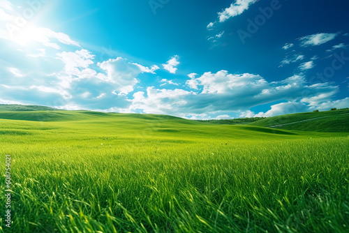 Green grass field on small hills and blue sky with clouds  Generative AI