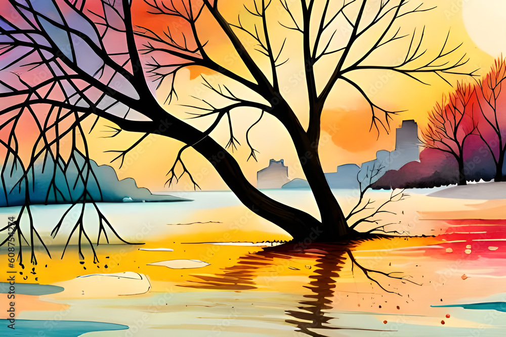 Illustration of a lake with a tree at sunset, colorful abstract painting, nature wallpaper, generative ai Illustration of a lake with a tree at sunset, colorful abstract painting, nature wallpaper, generative ai
