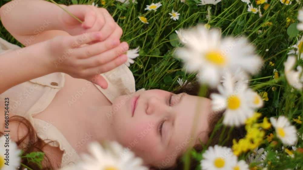Close up side view of pretty little girl lying in summer meadow enjoying smell white chamomiles at evening, laughing and smiling. Happy child plays with flowers outdoors. Nature and childhood concept Close up side view of pretty little girl lying in summer meadow enjoying smell white chamomiles at evening, laughing and smiling. Happy child plays with flowers outdoors. Nature and childhood concept