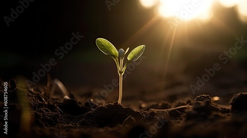 A seedling bursts into the sun. Macro view from ground