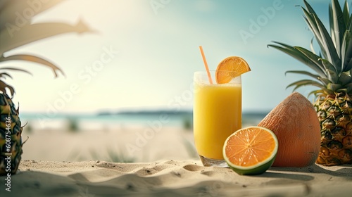 Summer tropical beach background with fresh juice coctail and fruits