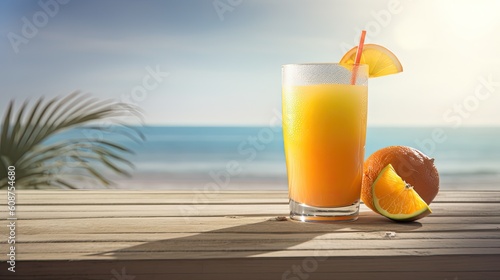 Summer tropical beach background with fresh juice coctail and fruits