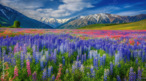 Meadows full of colorful flowers in spring with mountains in the background. AI Generative