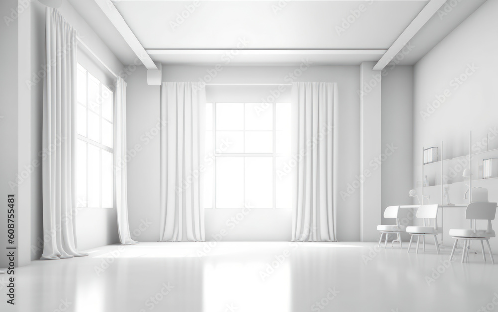 Fototapeta premium A classroom or presentation room. White chairs, panoramic windows with white copy space and a chalkboard on the wall. Generative AI