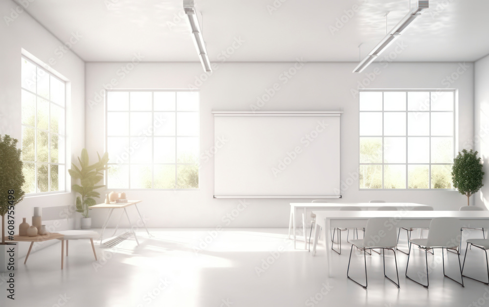 Fototapeta premium A classroom or presentation room. White chairs, panoramic windows with white copy space and a chalkboard on the wall. Generative AI