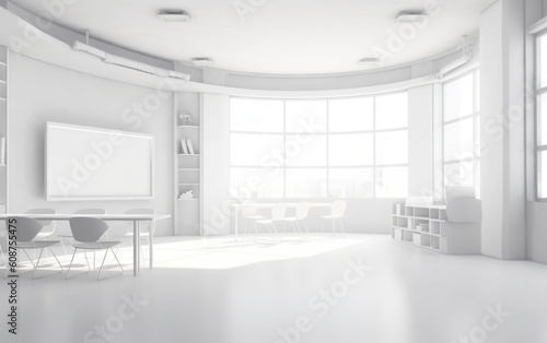 A classroom or presentation room. White chairs, panoramic windows with white copy space and a chalkboard on the wall. Generative AI © Rafa Fernandez