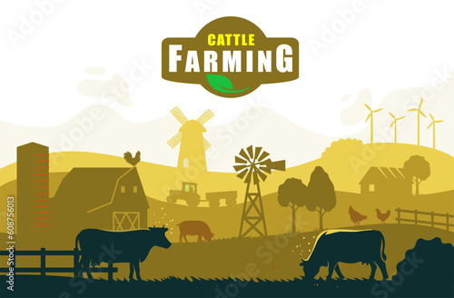 Rural landscape with cows. Farmland eco life