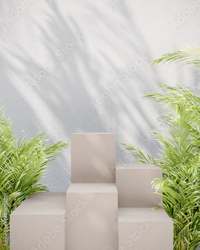 Modern orange concrete podium Decorated with bright tropical plants. Leaf shadows on concrete wall background for placing products, cosmetics, skin care, beauty treatment products. 3D render