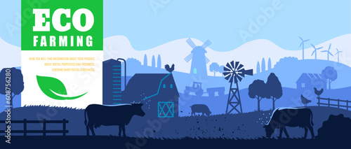 Rural landscape with cows. Farmland eco life